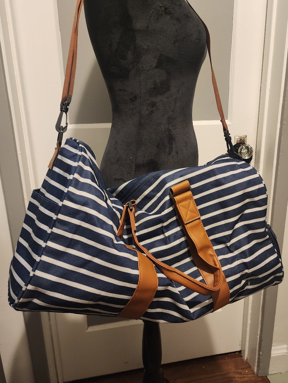 Navy and White Striped Weekender Duffel with Tan Accents